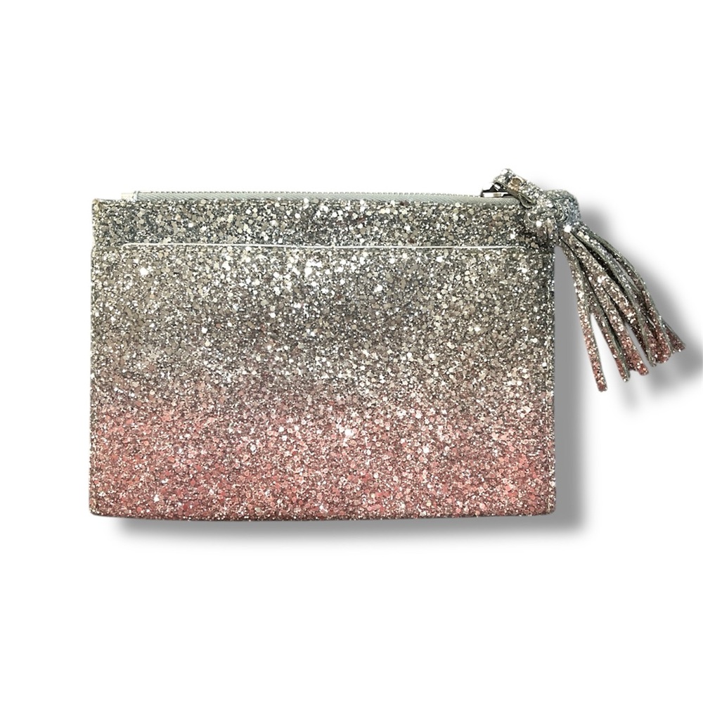 NWOT ✨ Katherine Kwei Lila Pouchette – Silver/Pink Glitter Leather w/ Dust Bag